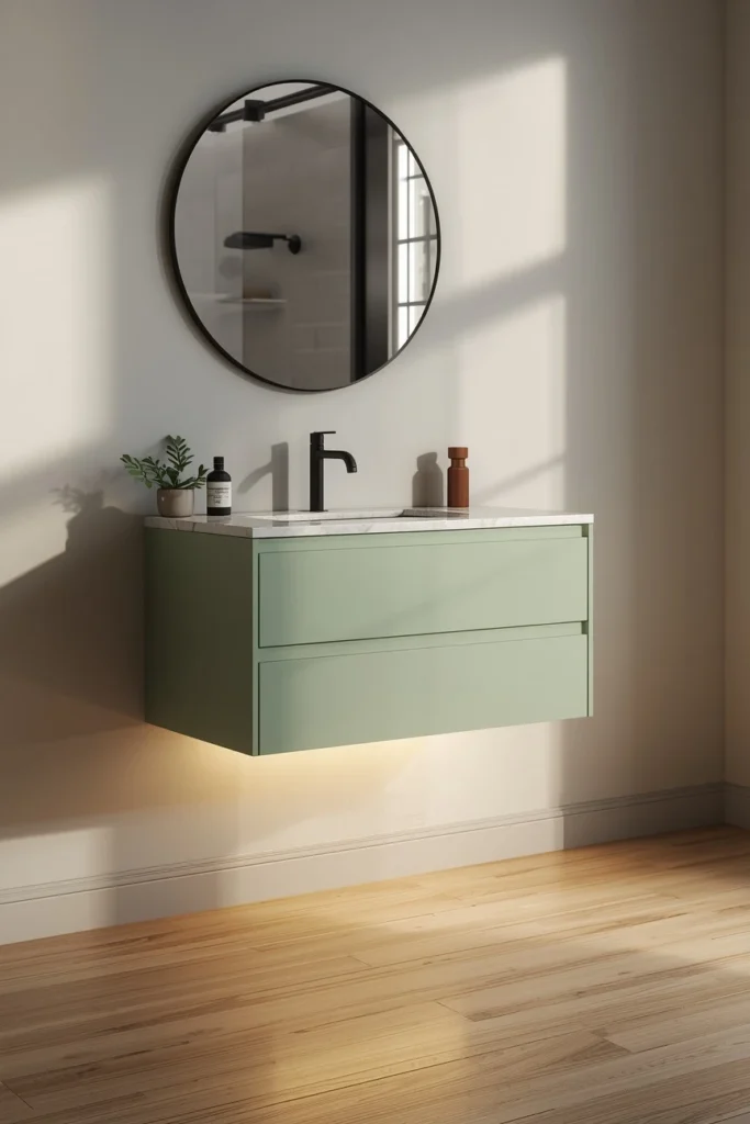 21 Green Bathroom Ideas That Bring Nature's Calm Into Your Home 15 bathroom vanity, featuring a wall-mounted pistachio green floating vanity