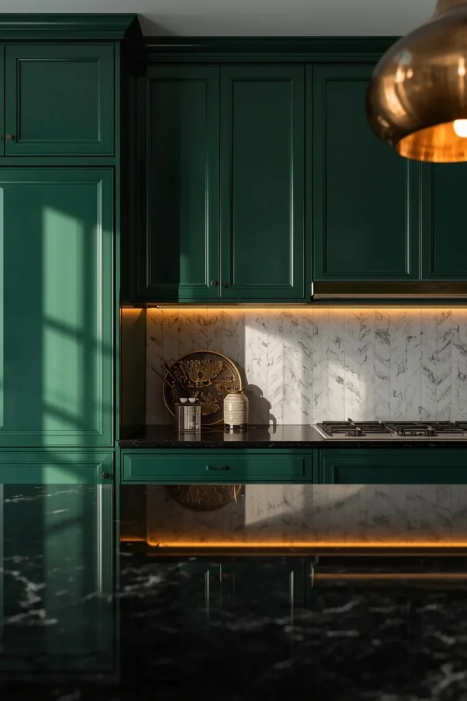 17 Green Kitchen Designs That Feel Bold, Fresh & Totally Unexpected 15 kitchen, featuring high-gloss emerald lacquer cabinetry reflecting ambient light, dark countertop