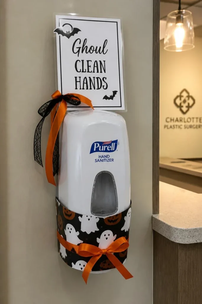 medical office hand sanitizer station, featuring a decorative paper collar