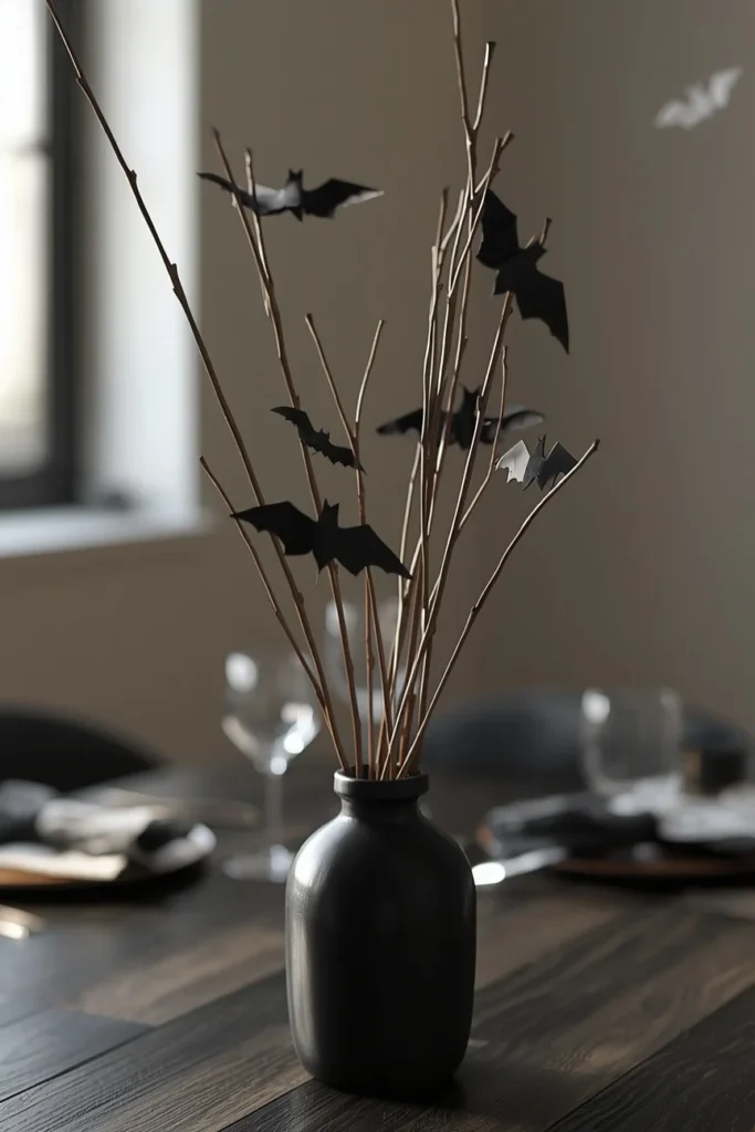  minimalist centerpiece shot, featuring bare twigs arranged upright in a black ceramic vase