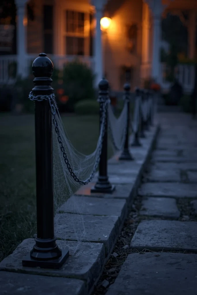 18 Halloween Walkway Ideas That Set the Spooky Mood Early 15 Halloween walkway border, featuring black PVC stanchion posts