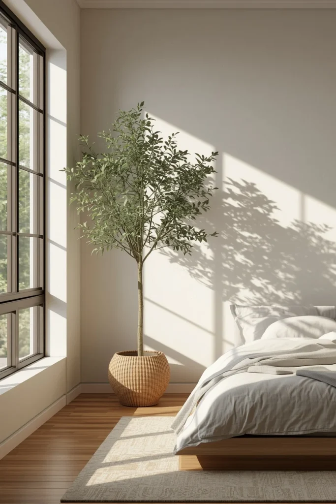 Japandi bedroom, featuring a tall indoor tree in a simple woven planter positioned 