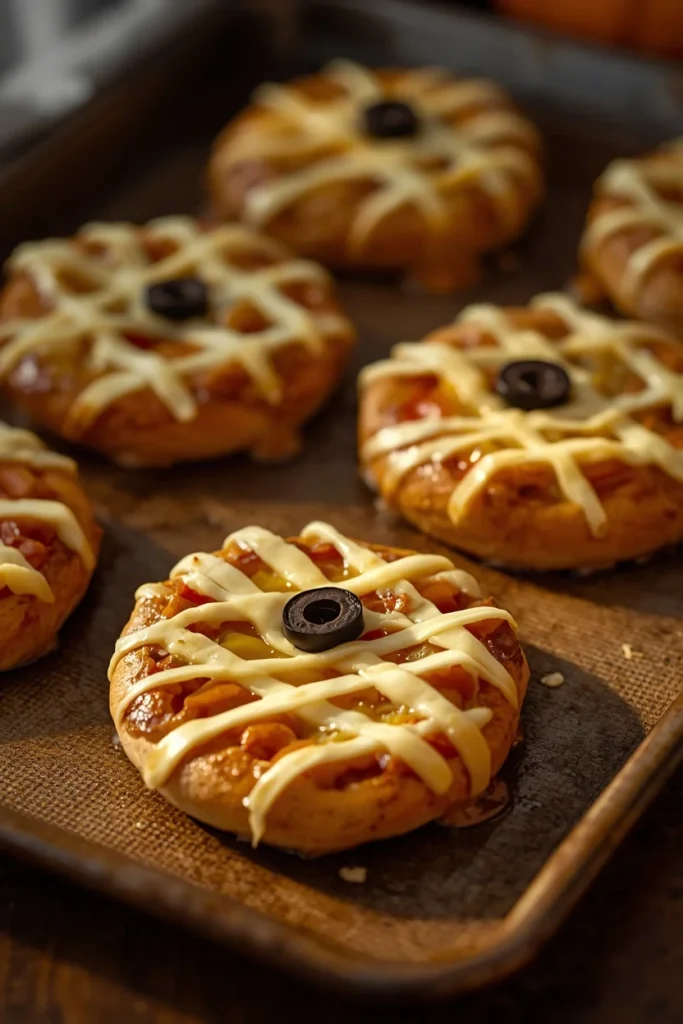 Halloween party food, featuring mini bagel mummy pizzas topped 