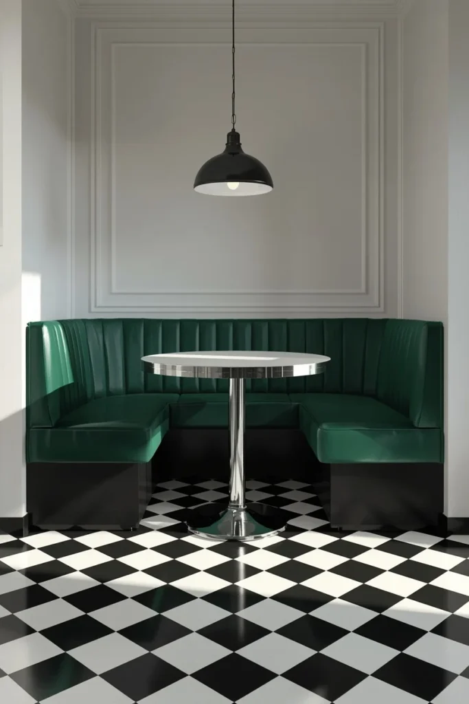21 Kitchen Banquette Seating Ideas That Make Every Meal Feel Special 15 kitchen breakfast nook, featuring a black and white checkerboard tile floor beneath a solid forest green banquette bench,