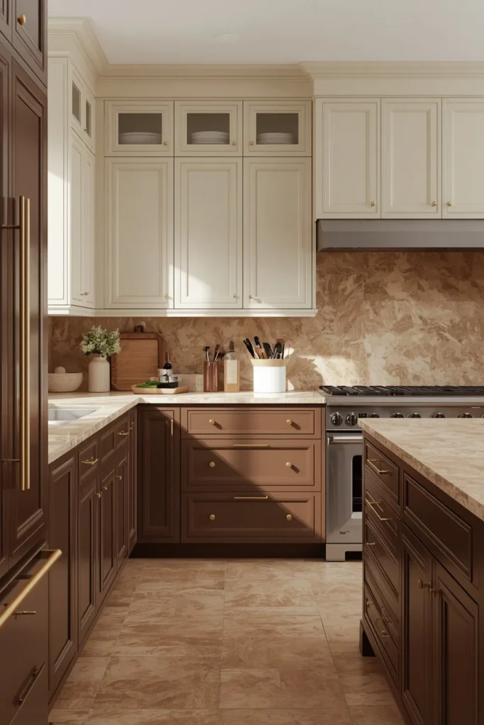  kitchen, featuring espresso brown lower cabinets and cream upper cabinets