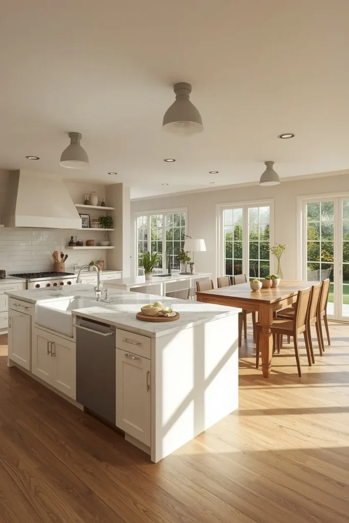  large kitchen, featuring two separate kitchen islands, one with a sink 