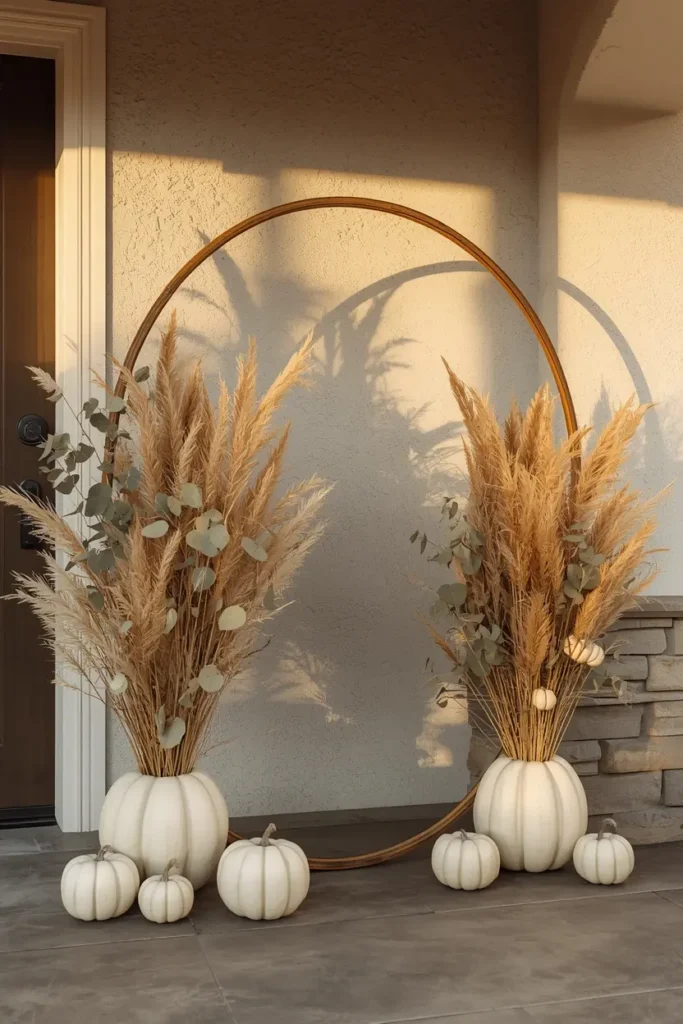  front porch archway, featuring white and cream faux pumpkins