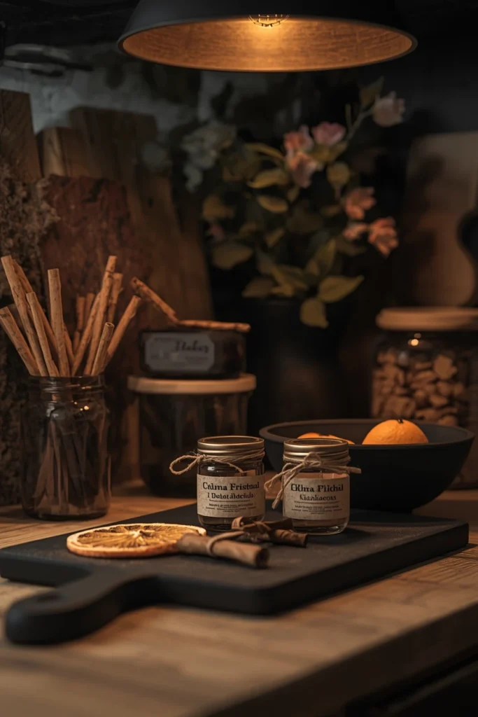  kitchen counter close-up, featuring a black cutting board with dried orange slices, 