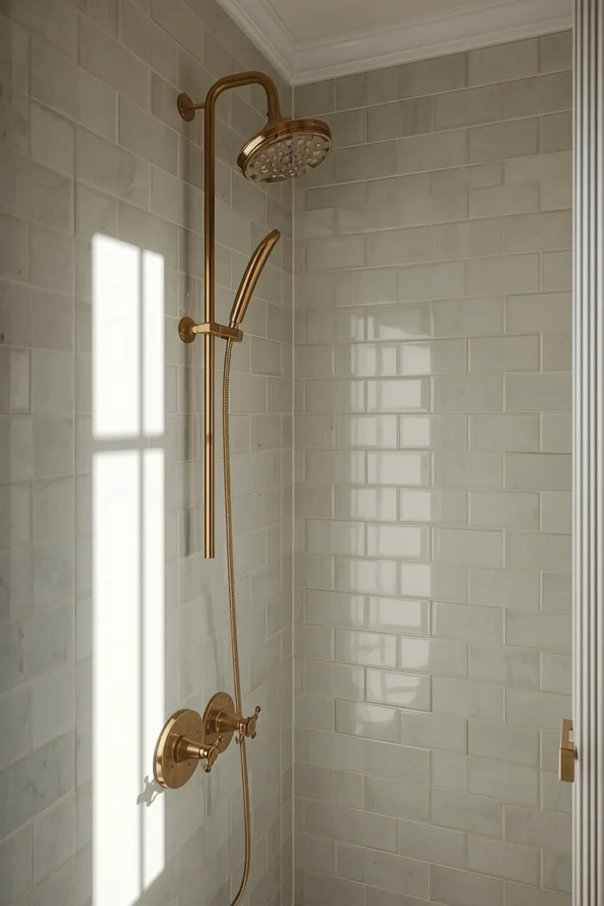 25 Modern Bathroom Designs That Look Like a 5-Star Spa Retreat 15 bathroom shower, featuring pale sea-glass tile walls with subtle color variation,