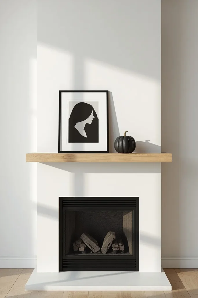 16 Modern Halloween Mantle Decor Ideas That Feel Fresh 15 narrow floating mantel shelf above a modern fireplace, featuring one leaned black