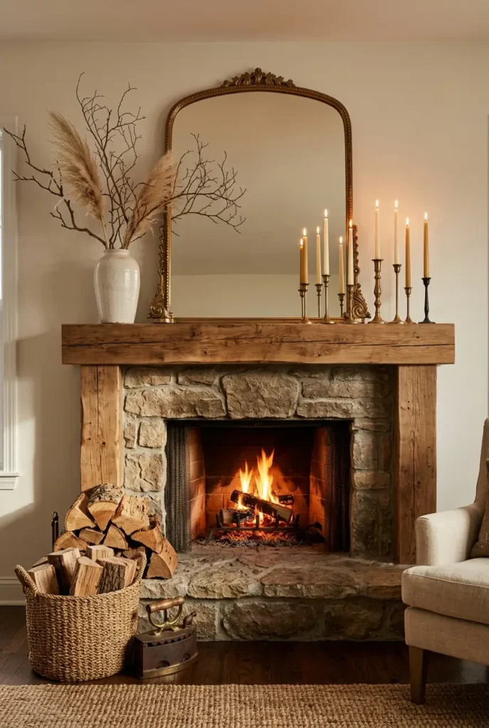  living room fireplace, featuring a styled mantel with a large leaning mirror