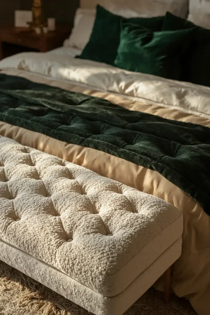 bedroom, featuring a cream bouclé bench at the foot of the bed with deep emerald