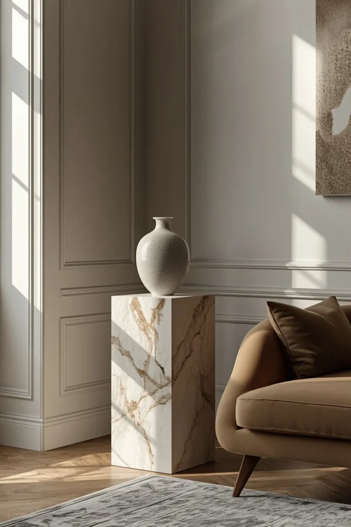 living room corner close-up, featuring a solid marble plinth pedestal displaying a single sculptural vase, 