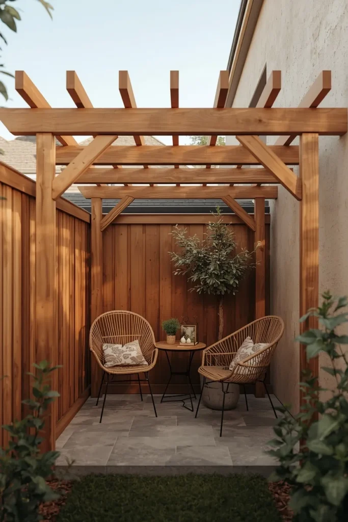 small backyard corner, featuring a compact cedar pergola