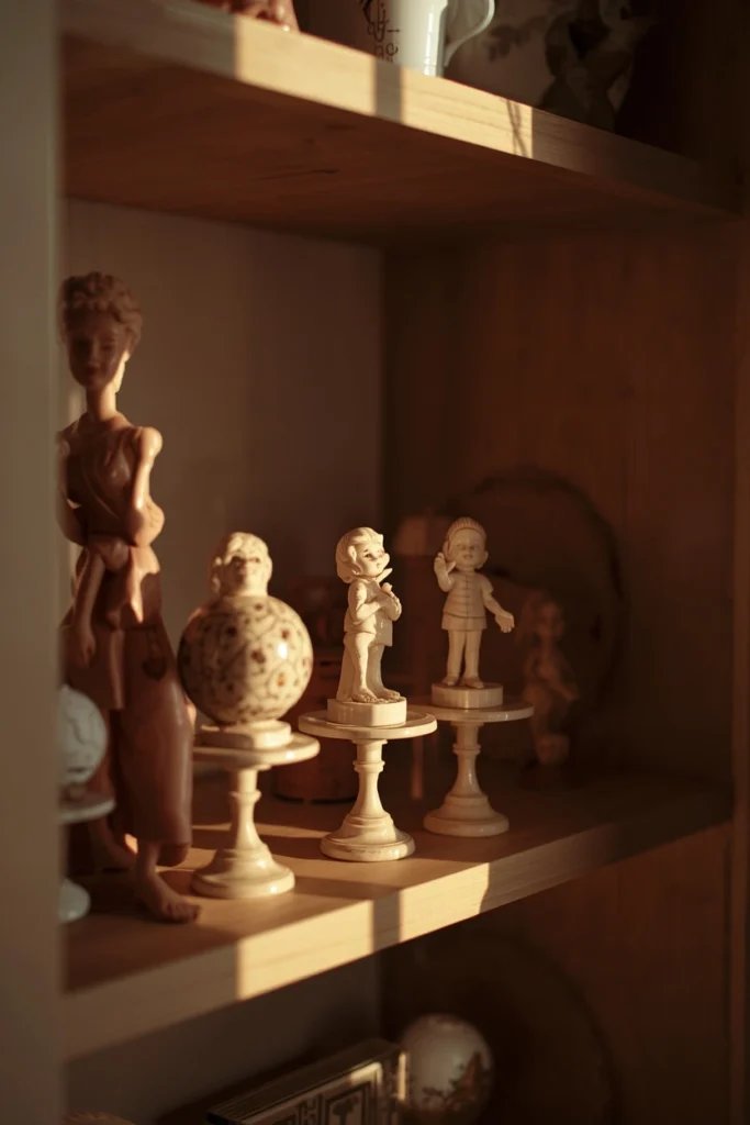 small apartment shelf, featuring a curated collection of vintage ceramic figurines