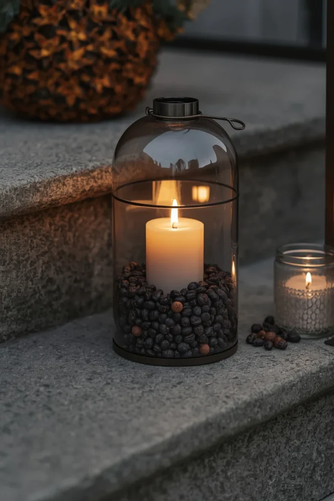 16 Simple Fall Porch Decor Ideas Anyone Can Pull Off This Season 15 front porch step close-up, featuring a glass lantern filled with a candle surrounded by dried black beans
