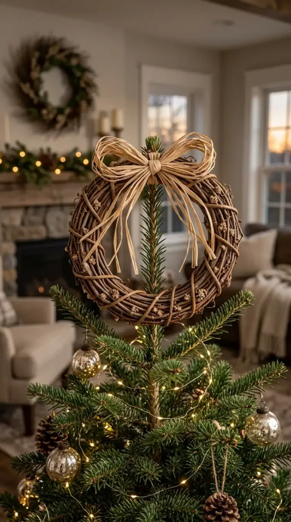 15 Simple Thanksgiving-to-Christmas Tree Transition Ideas 15 Christmas tree topper, featuring a woven natural wreath topper with a raffia bow