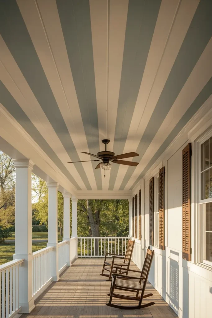 16 Striped Ceiling Ideas to Add Instant Personality Overhead 15 covered front porch, featuring a ceiling painted with wide alternating stripes