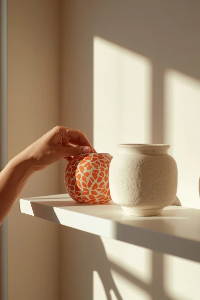 17 Understated Fall Decor Ideas for a Minimal, Modern Home 15 styling process shot, featuring a hand removing a brightly patterned