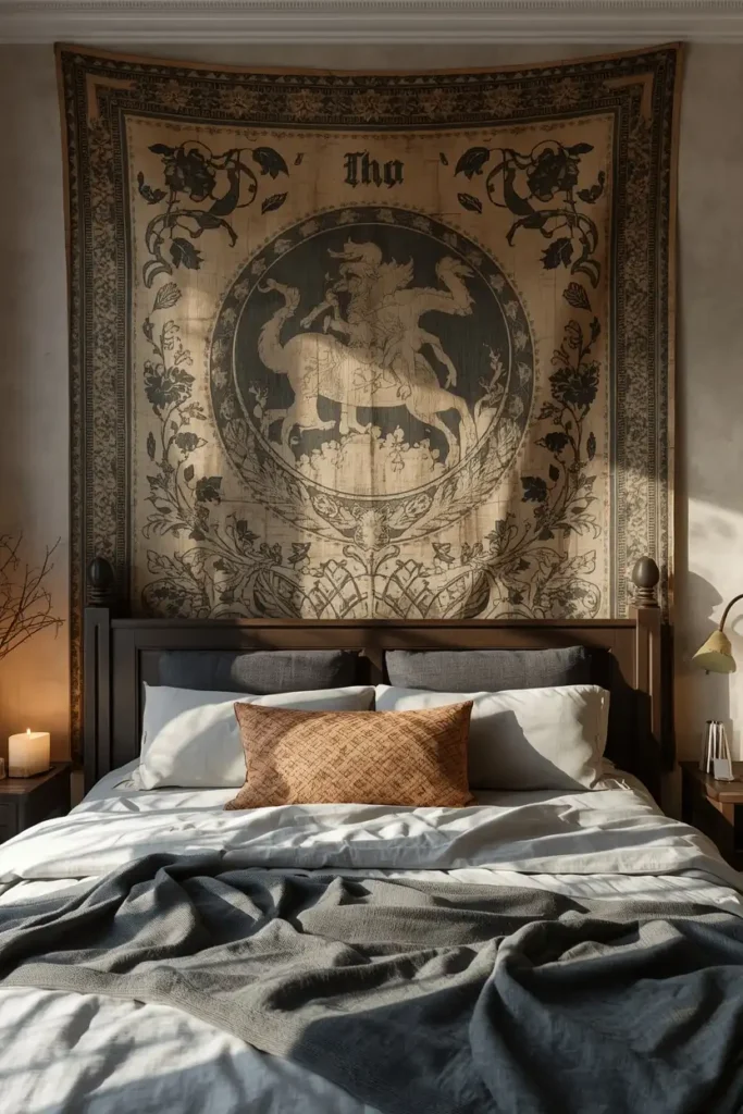 21 Vampy Romantic Bedroom Ideas for a Moody, Gothic-Chic Retreat 15 bedroom wall shot, featuring a large woven tapestry with dark botanical and heraldic imagery