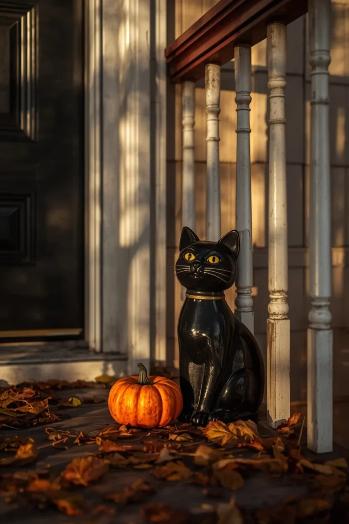 23 Vintage Halloween Decor Ideas That Look Straight Out of an Old Storybook 15 front porch detail shot, featuring a vintage-style black cat candy container