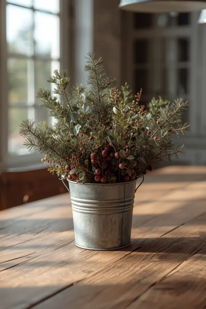 19 Ways to Decorate a Farmhouse Kitchen for Christmas (Cozy, Budget-Friendly Ideas) 15 farmhouse kitchen table, featuring a galvanized metal bucket filled with pine,