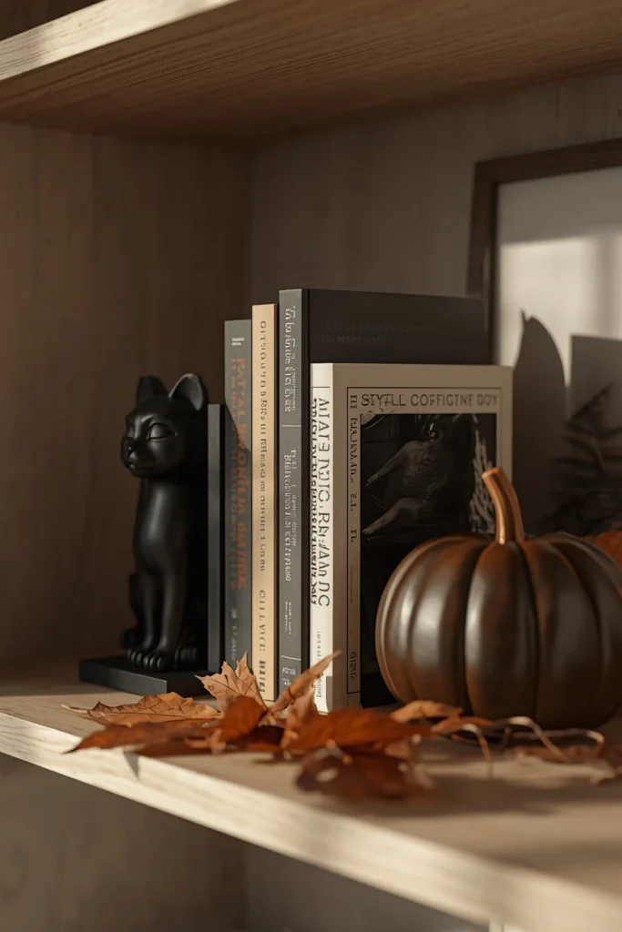 25 Whimsical Halloween Decor Ideas That Feel Spooky and Cute 15 bookshelf, featuring a pair of matte black cat-shaped bookends