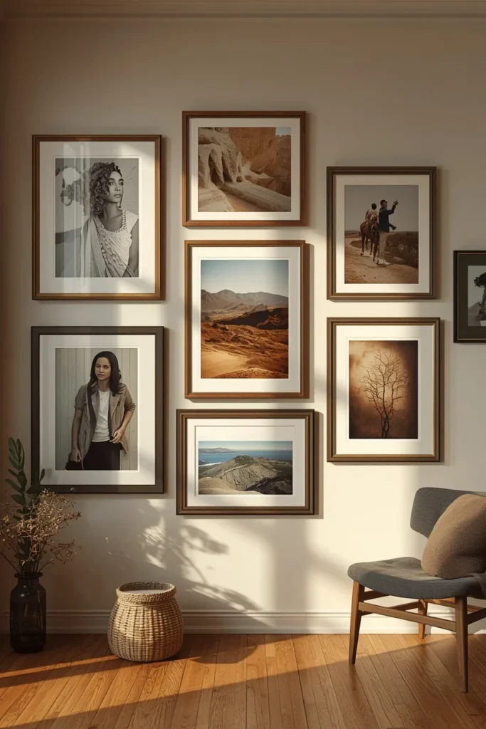 17 Afrobohemian Living Room Ideas That Feel Like a Global Getaway 16 living room gallery wall, featuring a mix of framed art prints from diaspora artists