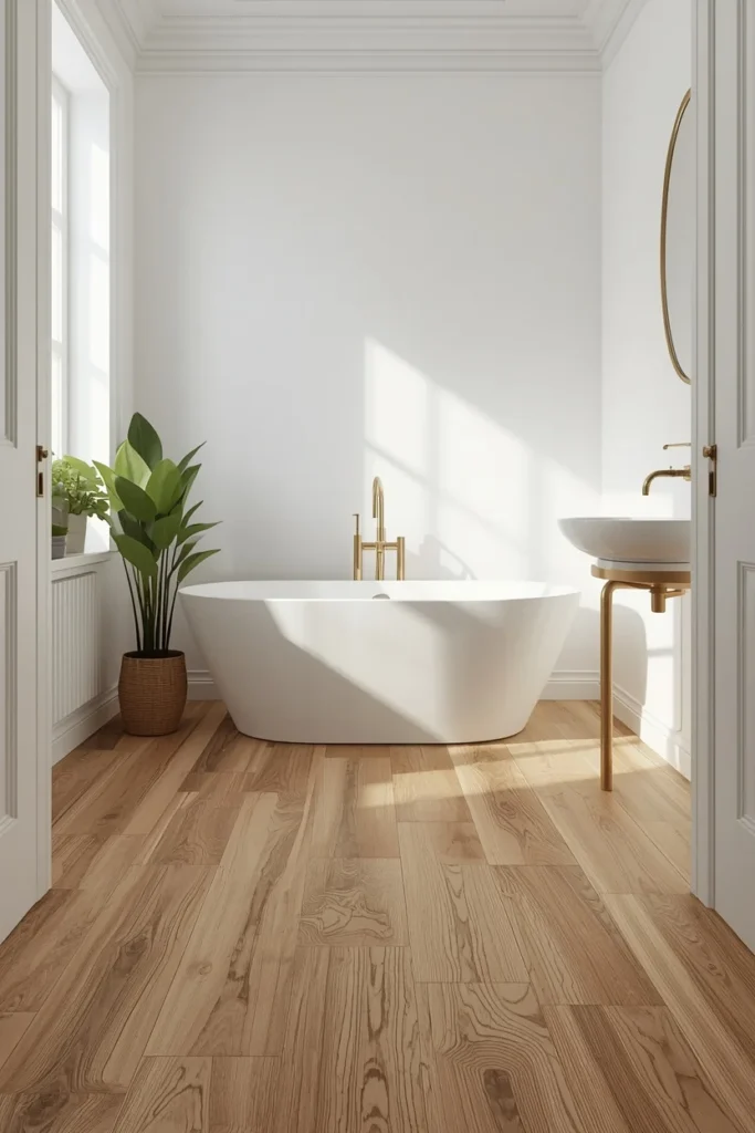 18 Bathroom Tile Ideas That Are Bold Enough to Transform Everything 16 bathroom, featuring warm oak wood-look porcelain plank flooring