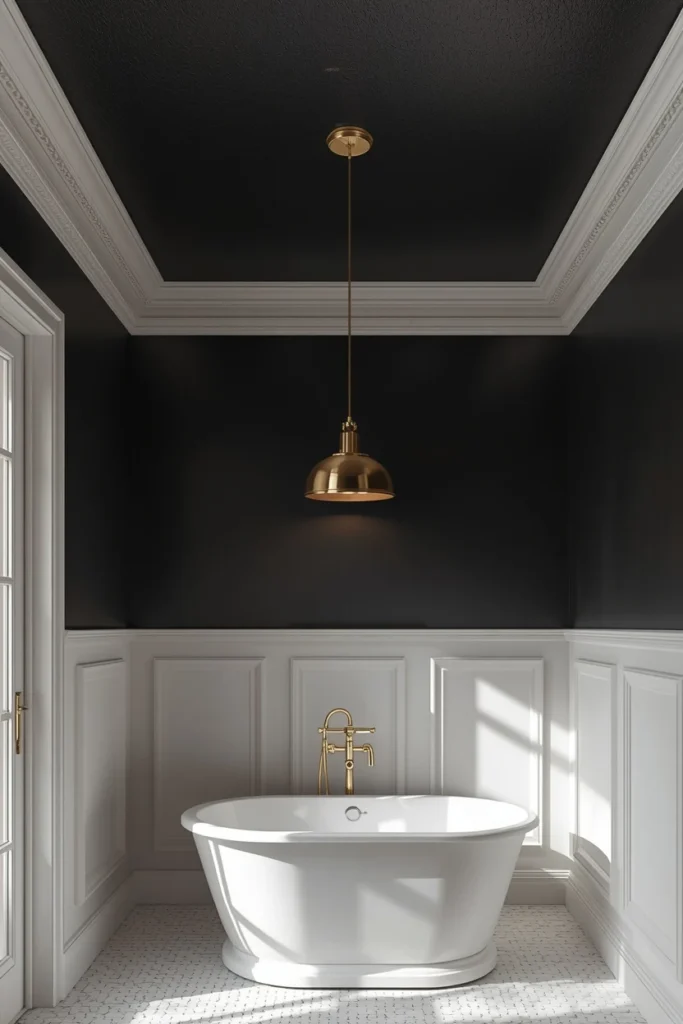19 Black Bathroom Ideas That Are Dramatic, Chic & Completely Stunning 16 bathroom interior, featuring matte black ceiling with white crown molding trim