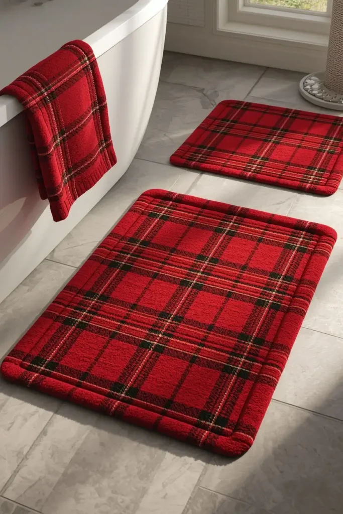 Christmas bathroom floor, featuring a red plaid bath mat coordinated 