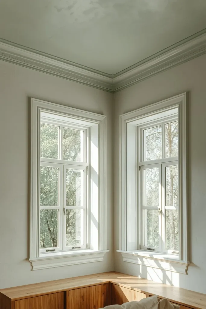  living room shot, featuring a soft sage green painted ceiling matched