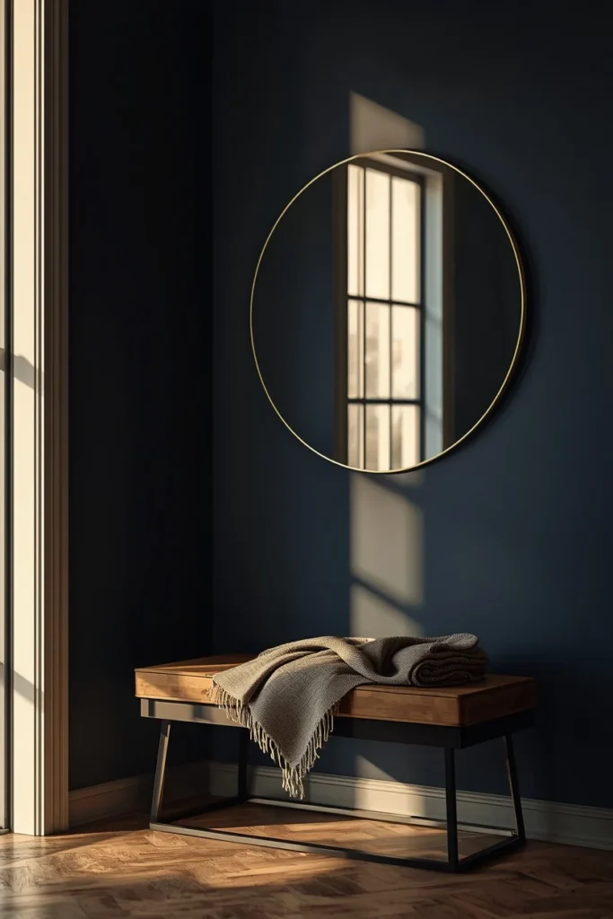 22 Cosmic Interior Design Ideas for a Starry, Galaxy-Inspired Home 16 entryway shot, featuring a large round brass-framed mirror leaned against a deep navy wall