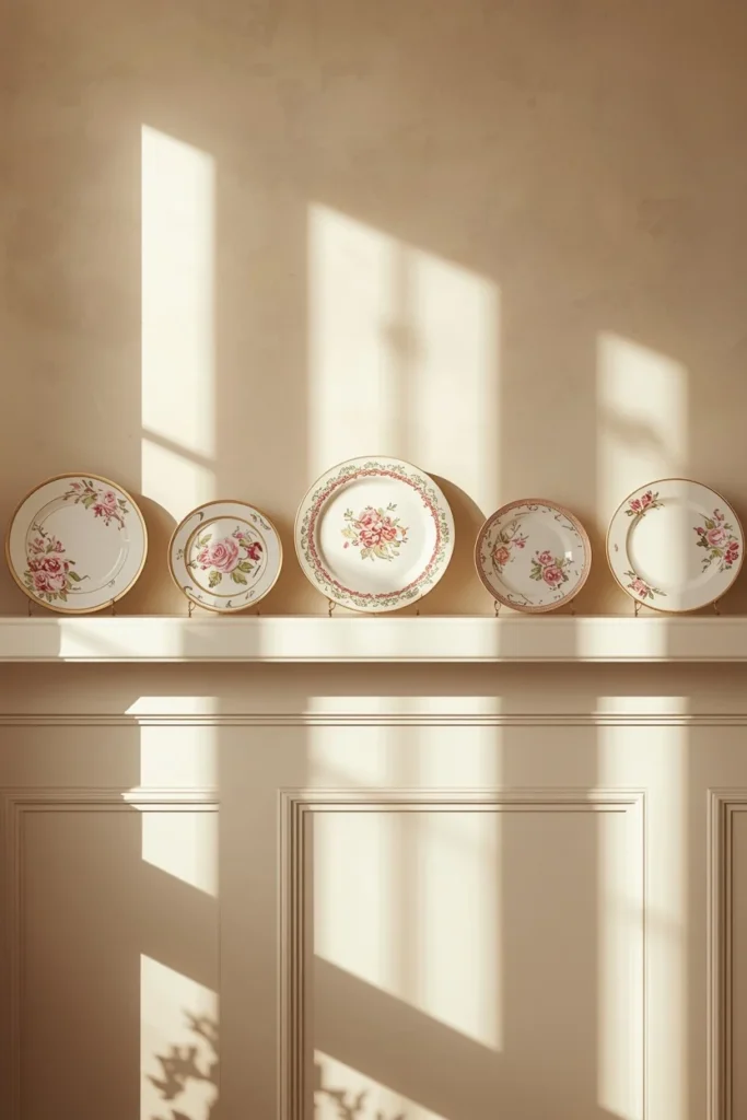  dining room wall, featuring a plate rail displaying mismatched vintage floral china plates