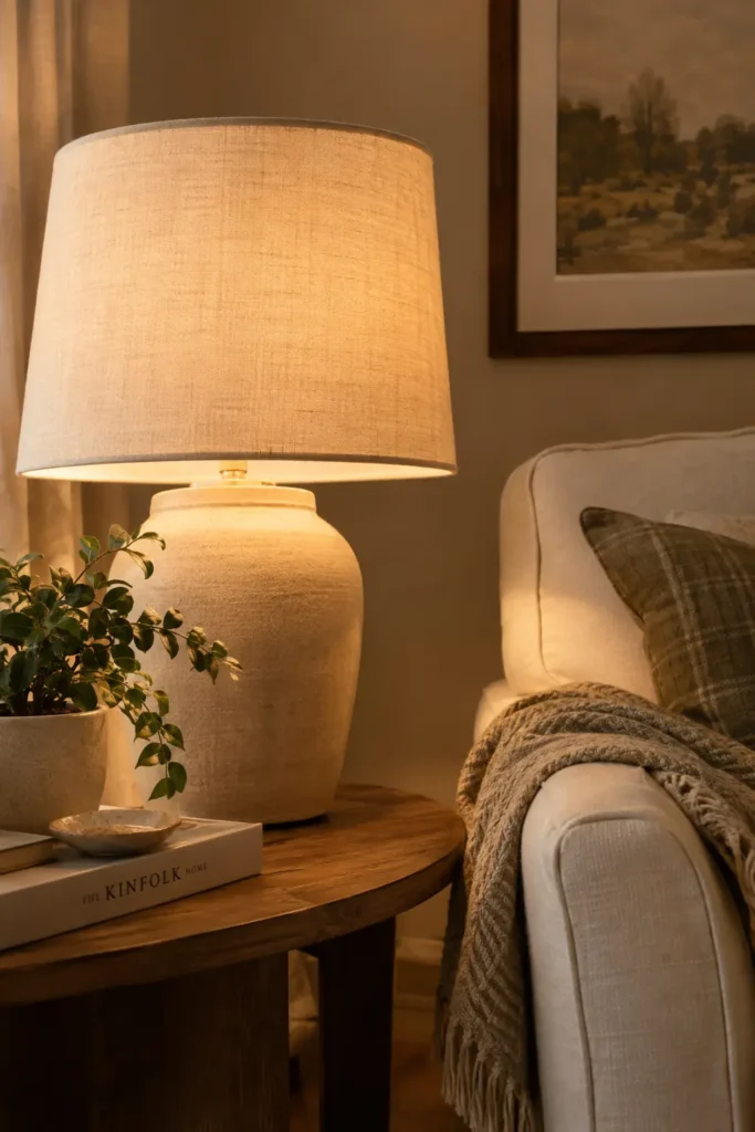 20 Cozy Warm Neutral Fall Living Room Ideas Anyone Can Recreate 16 living room lamp close-up, featuring a warm white bulb glowing