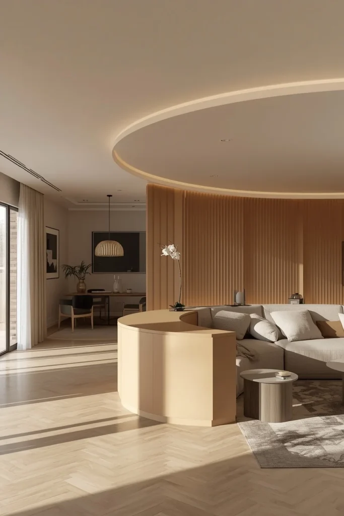 15 Curved Accent Wall Ideas to Soften a Boxy Room 16 open-plan living space, featuring a freestanding curved half-wall room