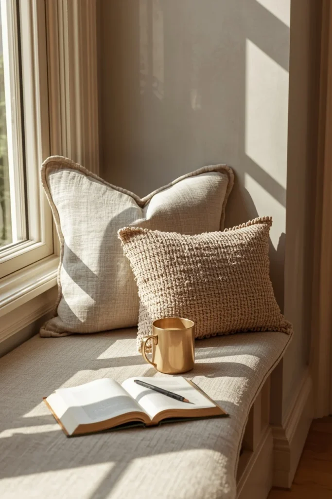 styling vignette, featuring two neutral linen and boucle throw pillows arranged 