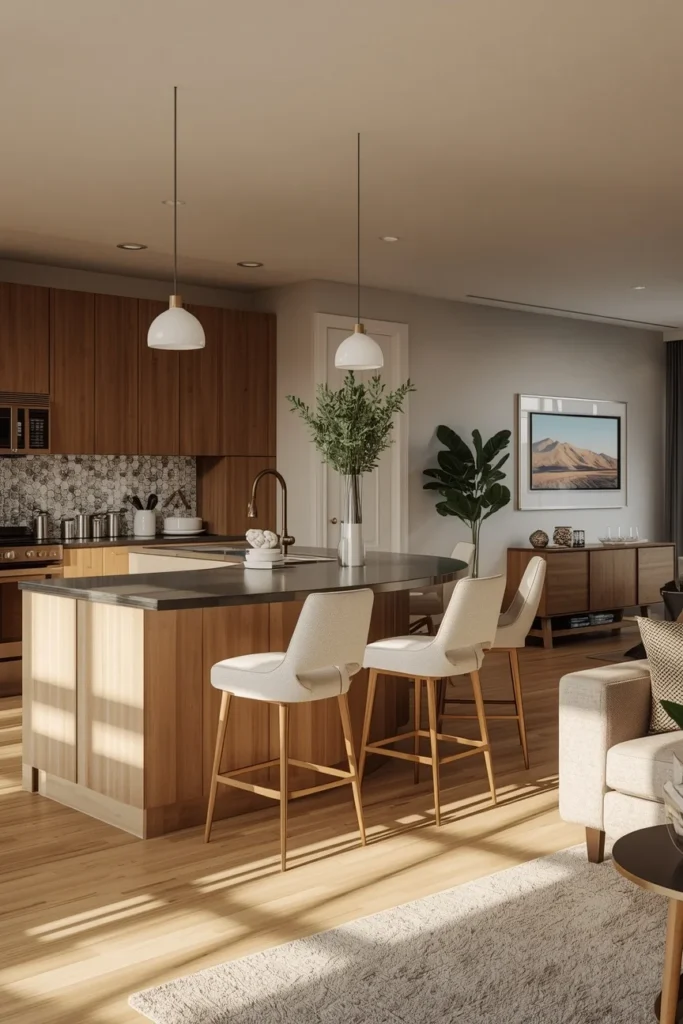 17 Curved Kitchen Peninsula Ideas for Better Small-Space Flow 16 open-concept kitchen and living area, featuring a curved peninsula dividing the two space