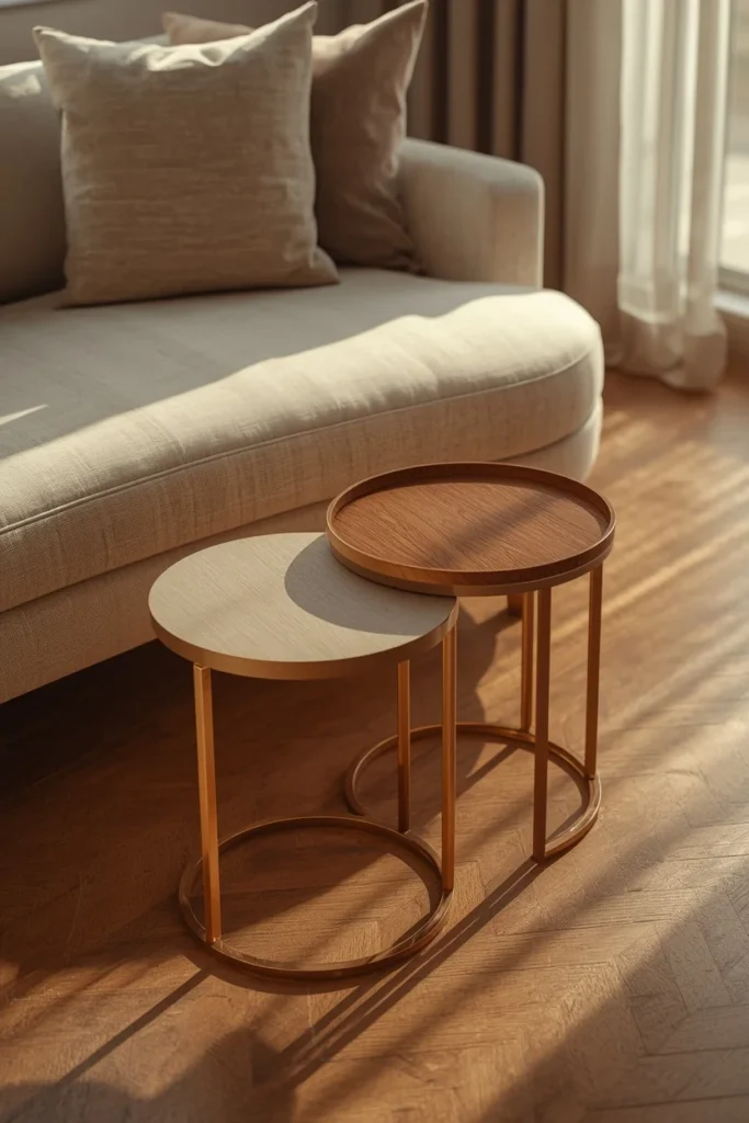  small living room detail shot, featuring a set of two small round nesting tables in front of a curved neutral sofa