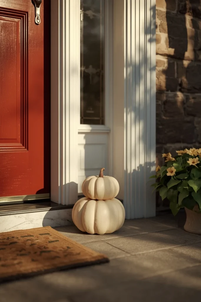 front porch entry, featuring a small stack of just two or three pale pumpkins