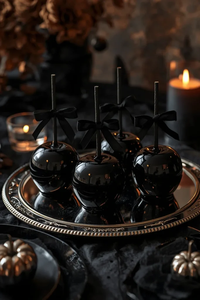 18 Elegant Halloween Dining Table Ideas for a Chic Fright Night 16 dessert display close-up, featuring glossy black candy apples arranged on a silver mirrored tray
