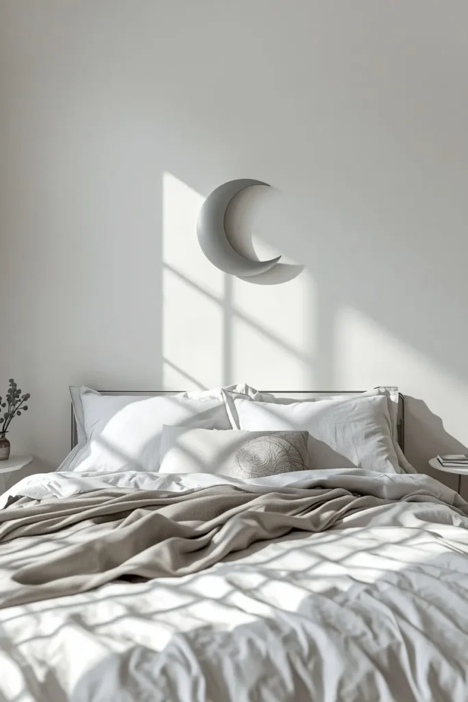  minimalist bedroom, featuring simple white and gray bedding, a single silver moon wall 