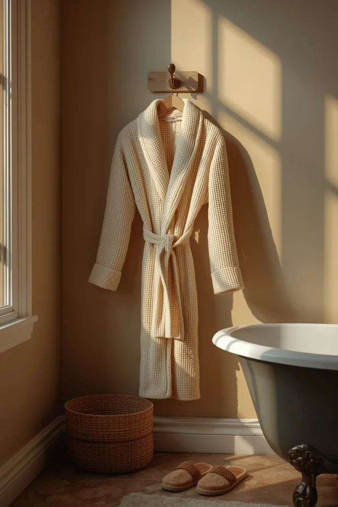 15 Fall Bathroom Decor Ideas for a Cozy Season Refresh 16 bathroom corner, featuring a plush waffle-weave robe hanging on a wood hook
