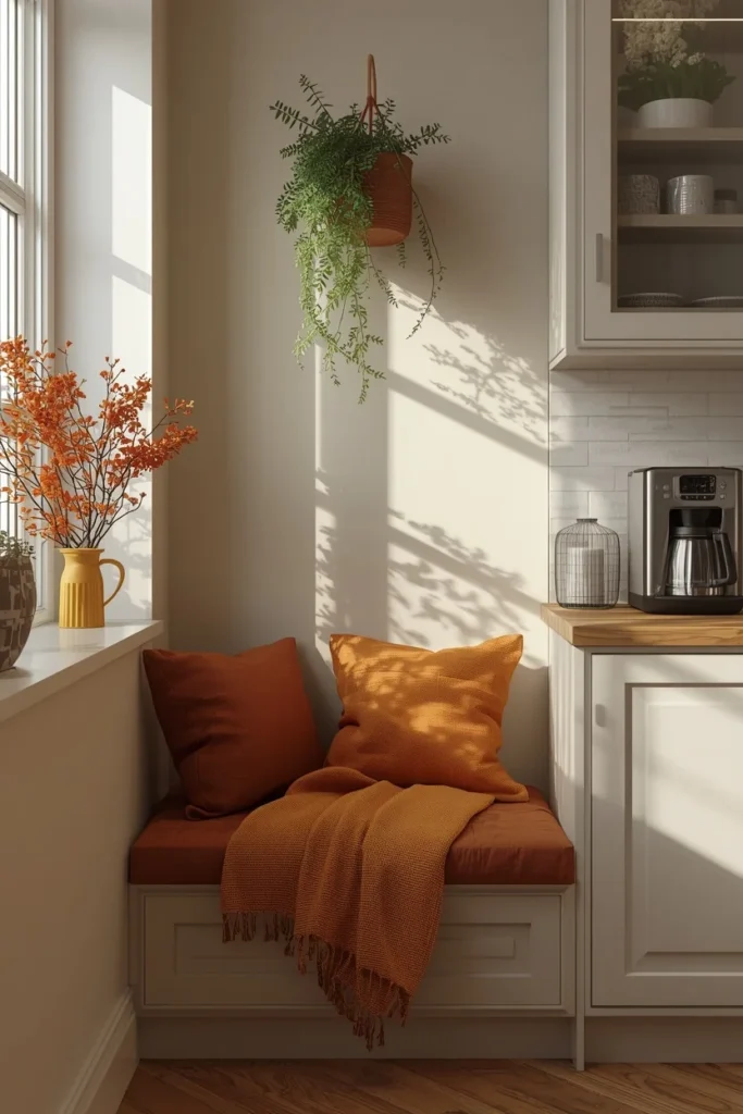 kitchen breakfast nook beside a coffee station, featuring a small bench