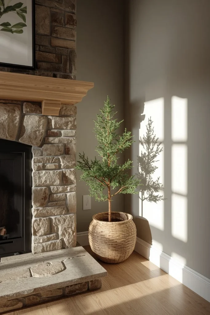 16 Fall Decor Ideas for the Space in Front of Your Fireplace 16 living room fireplace, featuring a small potted tree in a woven planter positioned in the corner