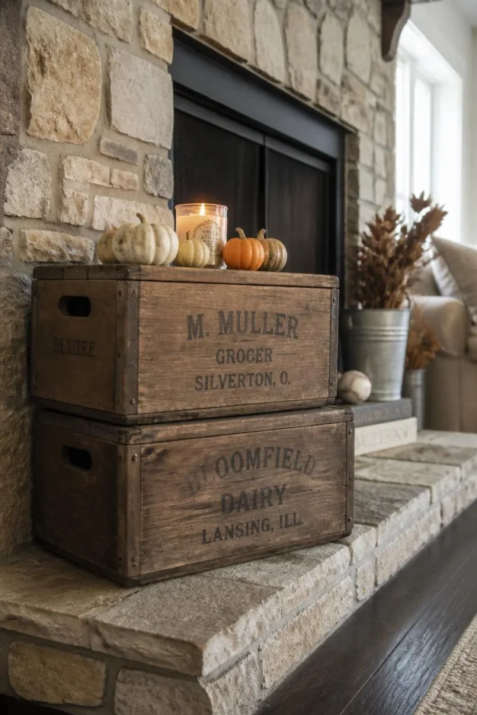 farmhouse living room fireplace, featuring two stacked weathered wood crates beside the hearth
