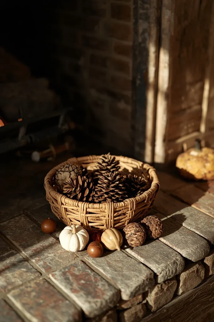fireplace hearth, featuring a shallow woven basket filled with pinecones, acorns,