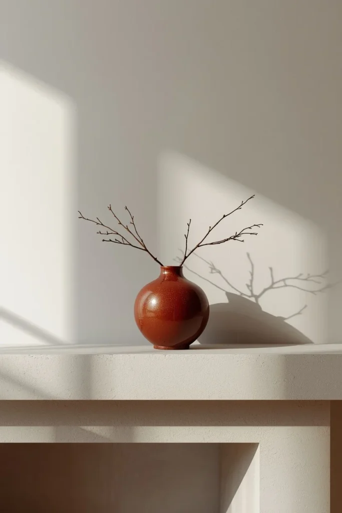 modern living room mantel, featuring a single large ceramic vase in a rich rust glaze as the sole statement piece