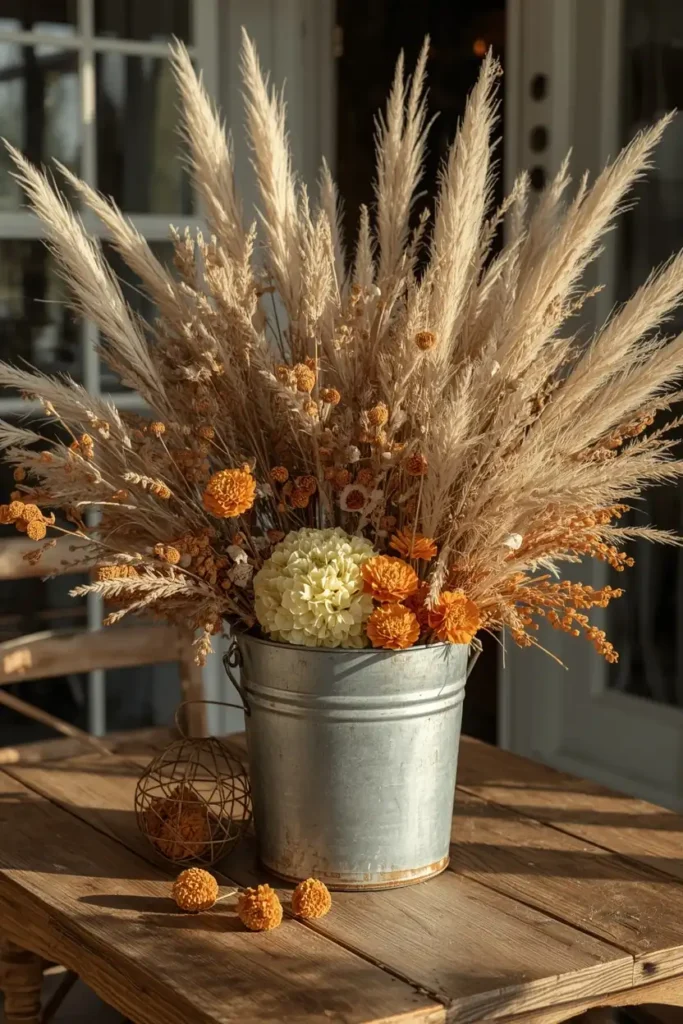  farmhouse porch table, featuring a galvanized metal bucket overflowing