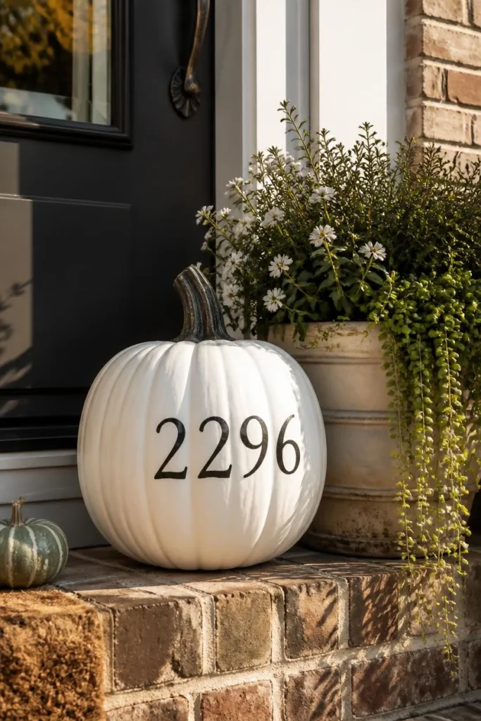 23 Fall Front Porch Decor Ideas Neighbors Will Envy 16 front porch, featuring a large white pumpkin painted with the house address number in a simple black font